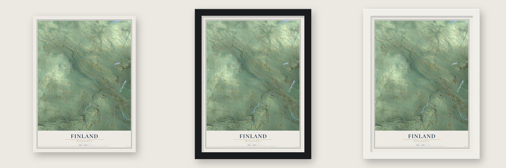 Finland, Minnesota map unframed, in a black wood frame and in a white wood frame