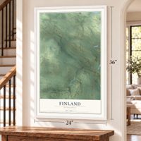 Finland, Minnesota map, 24 x 36 inch print in a white frame by a staircase