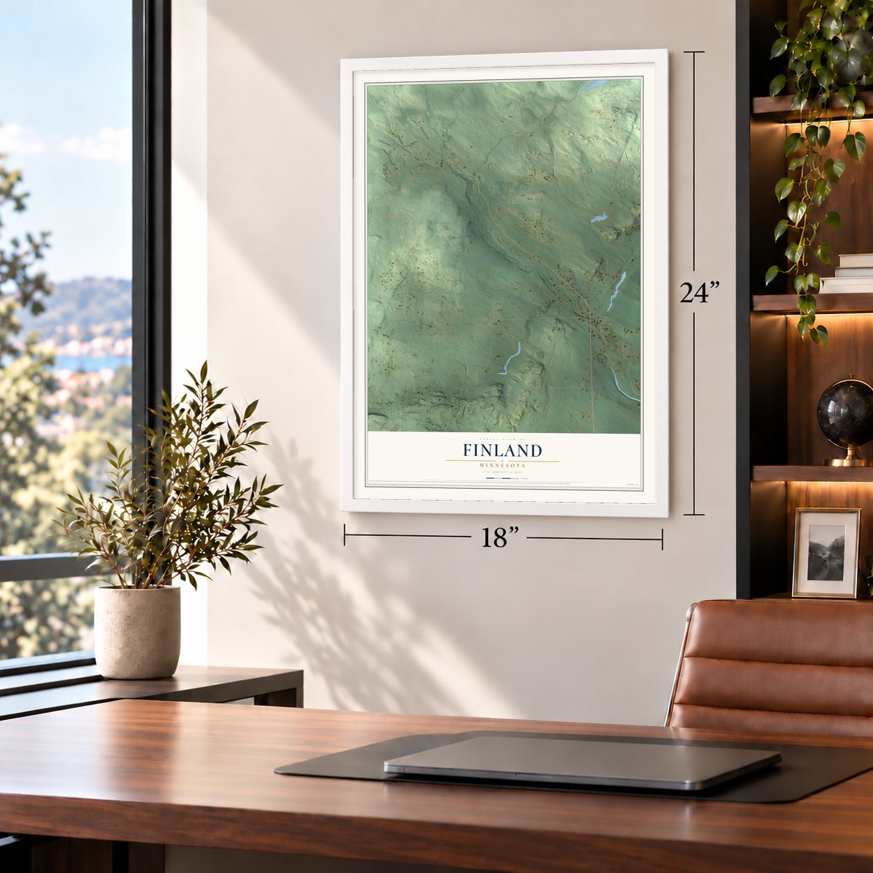Finland, Minnesota map, 18 x 24 inch print in a white frame in a home office