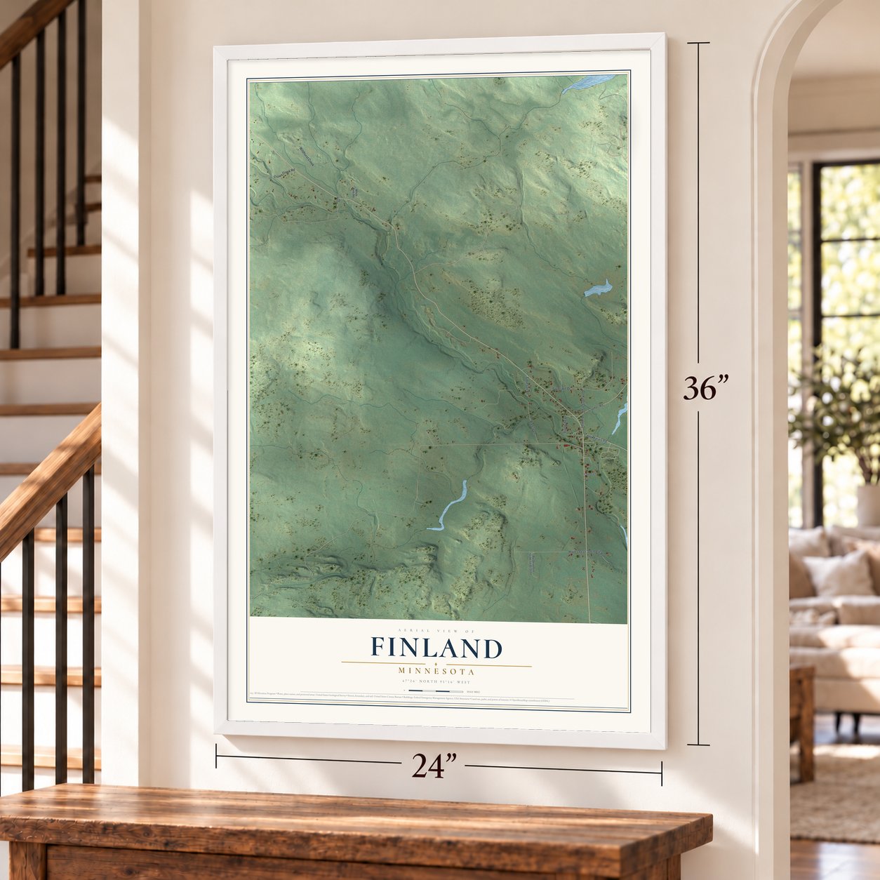 Finland, Minnesota map, 24 x 36 inch print in a white frame by a staircase