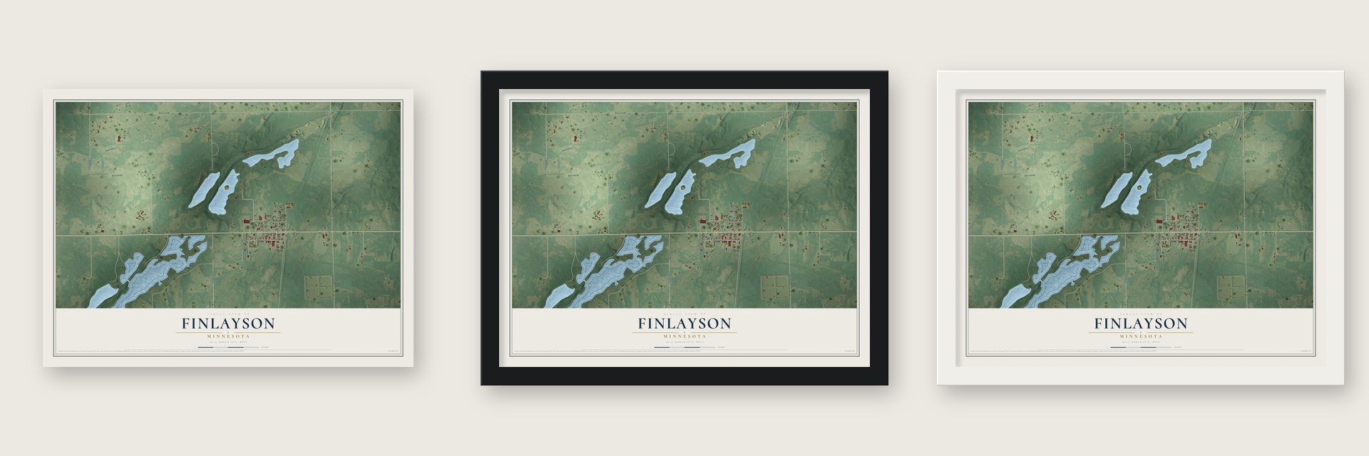 Finlayson, Minnesota map unframed, in a black wood frame and in a white wood frame