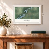 Finlayson, Minnesota map, 12 x 18 inch print in a white frame in an entryway