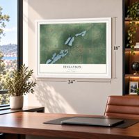 Finlayson, Minnesota map, 18 x 24 inch print in a white frame in a home office