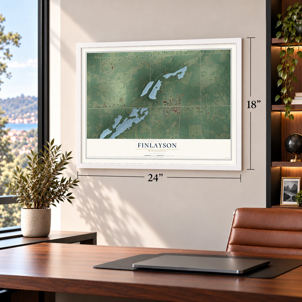Finlayson, Minnesota map, 18 x 24 inch print in a white frame in a home office