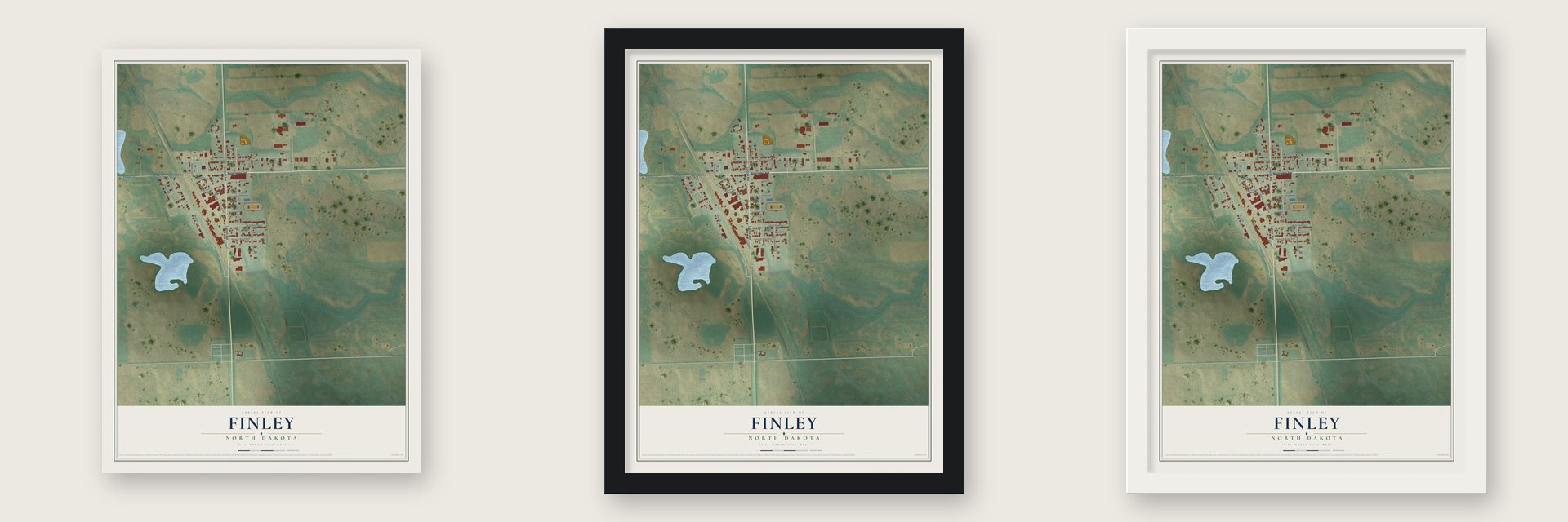 Finley, North Dakota map unframed, in a black wood frame and in a white wood frame