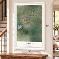Finley, North Dakota map, 24 x 36 inch print in a white frame by a staircase