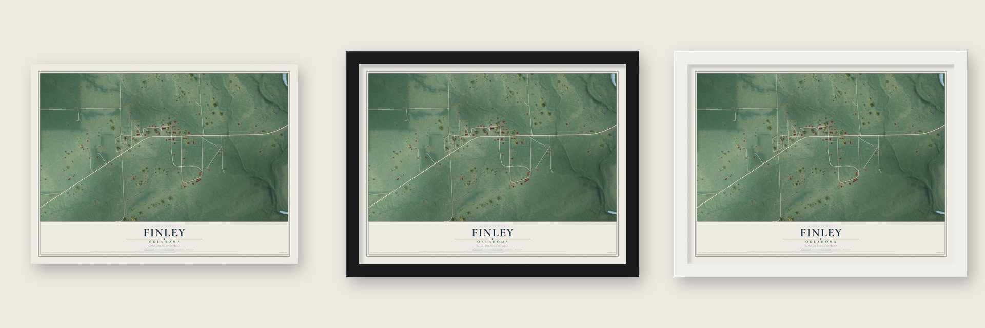 Finley, Oklahoma map unframed, in a black wood frame and in a white wood frame