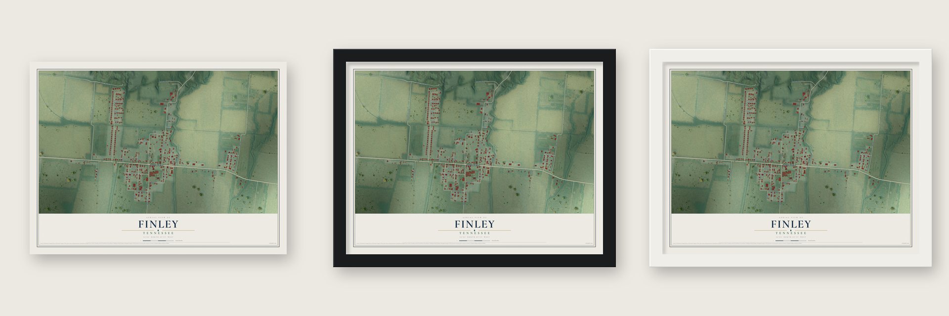 Finley, Tennessee map unframed, in a black wood frame and in a white wood frame