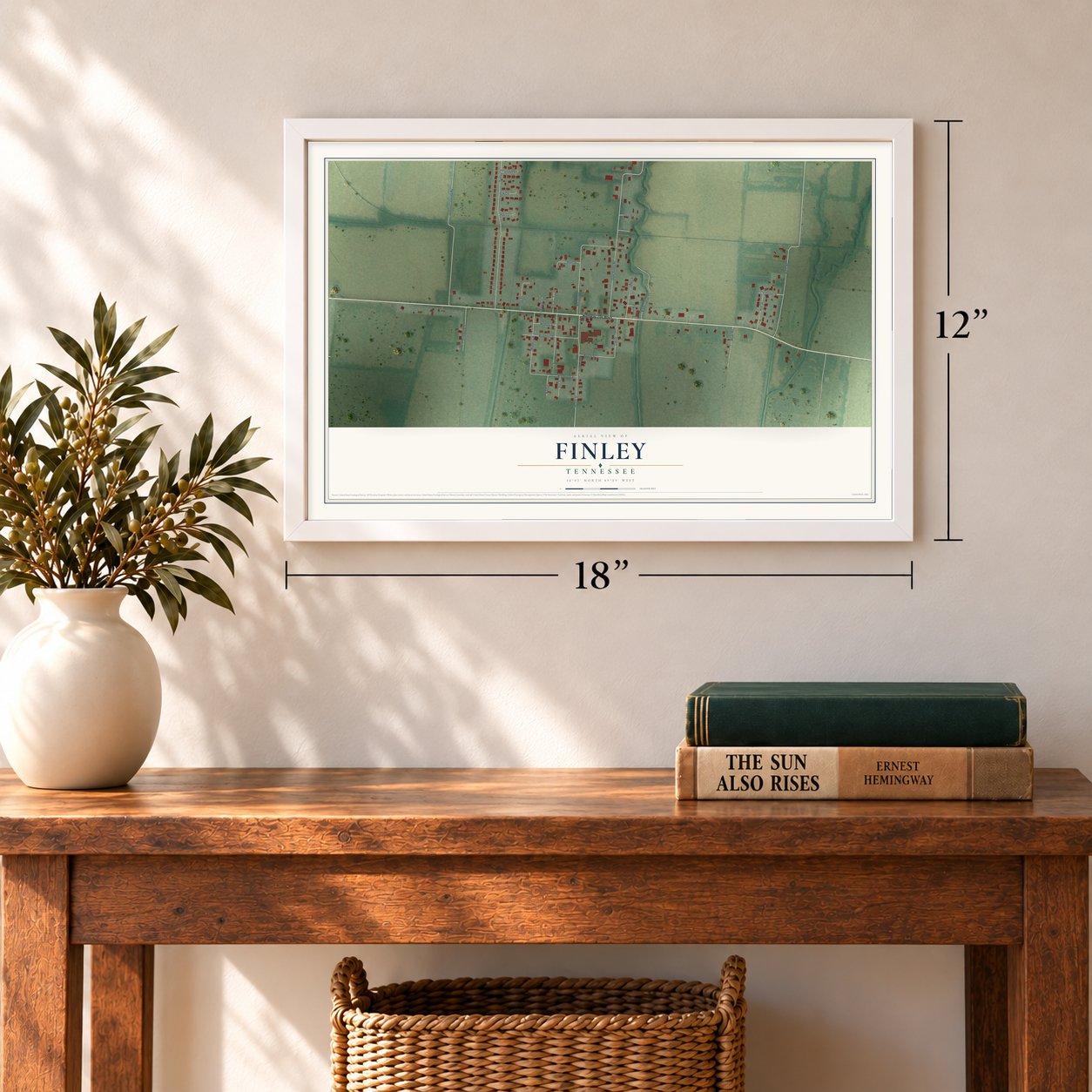 Finley, Tennessee map, 12 x 18 inch print in a white frame in an entryway
