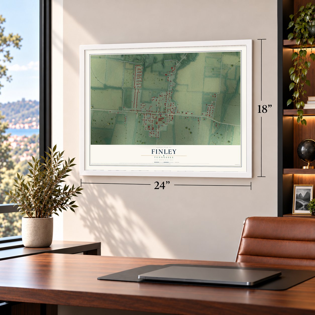 Finley, Tennessee map, 18 x 24 inch print in a white frame in a home office