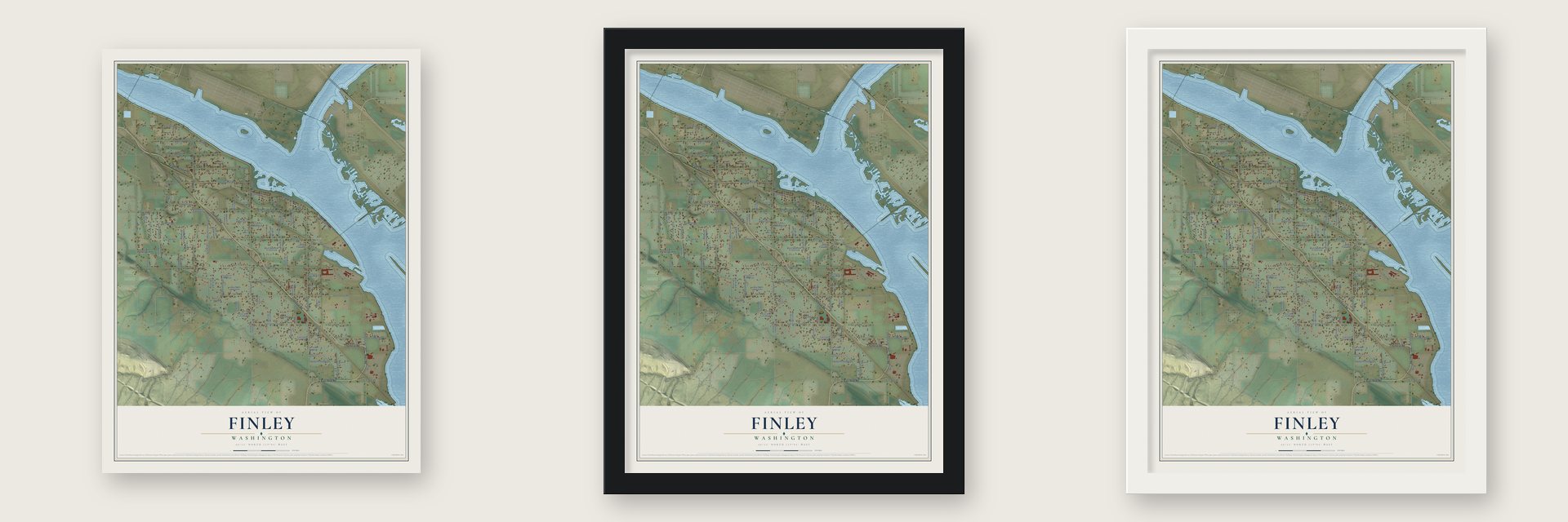 Finley, Washington map unframed, in a black wood frame and in a white wood frame
