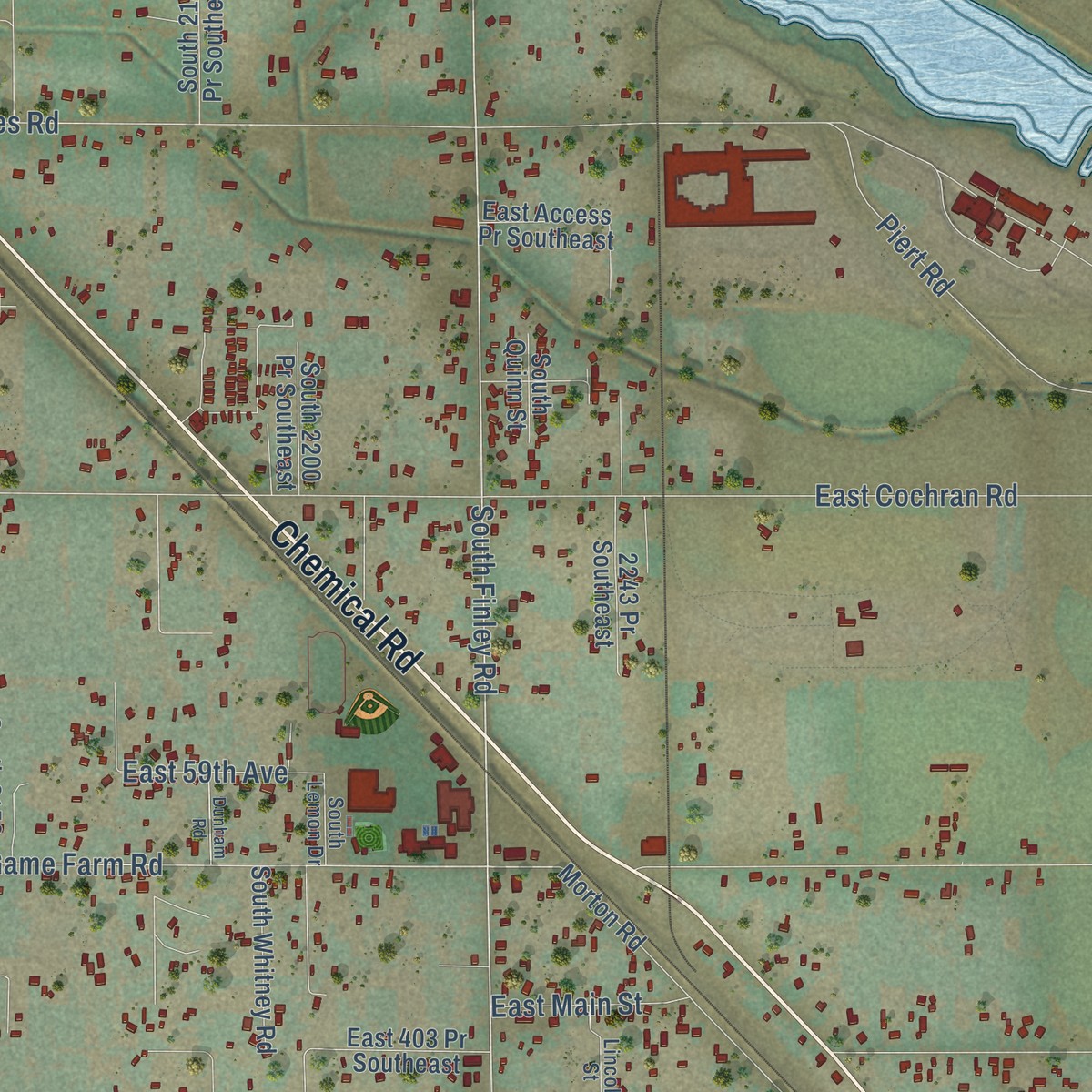 Second close-up of the map of Finley, Washington print showing more streets and buildings