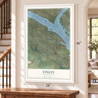 Finley, Washington map, 24 x 36 inch print in a white frame by a staircase