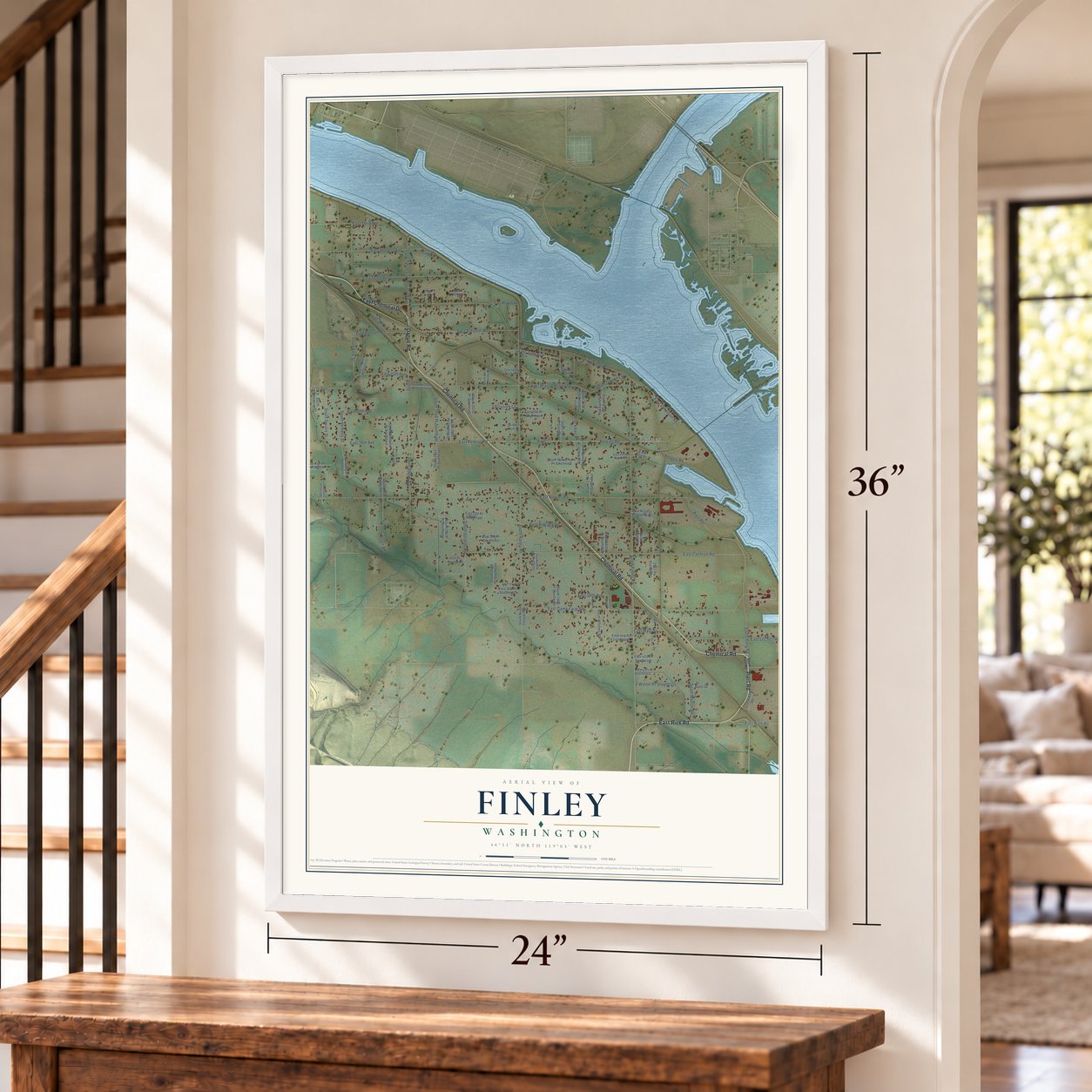 Finley, Washington map, 24 x 36 inch print in a white frame by a staircase