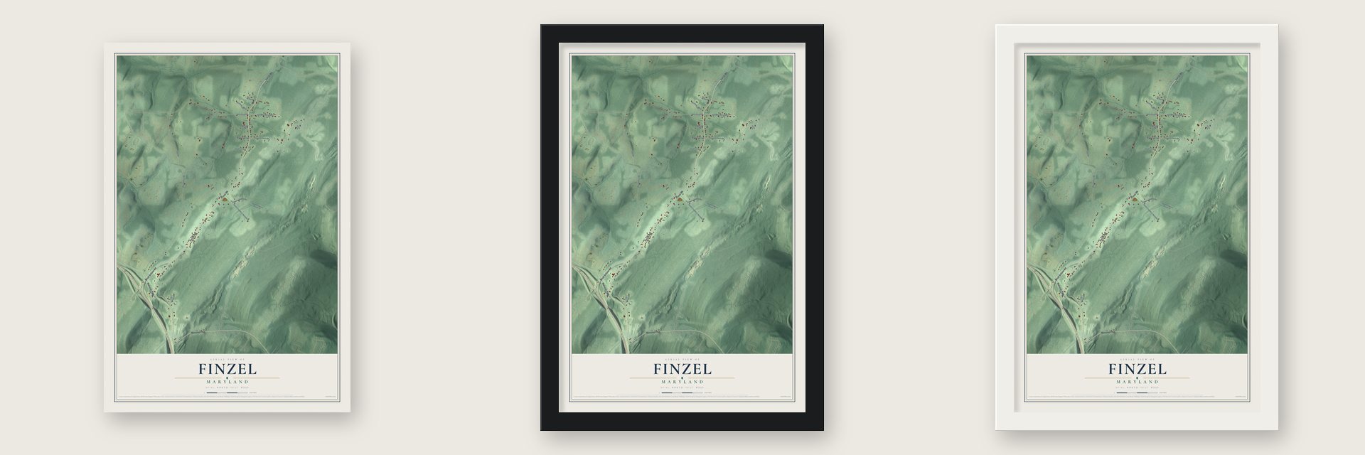 Finzel, Maryland map unframed, in a black wood frame and in a white wood frame
