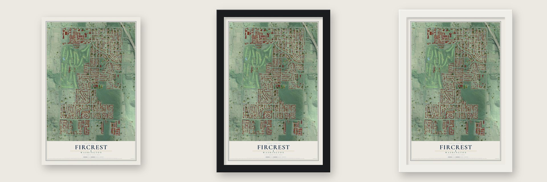 Fircrest, Washington map unframed, in a black wood frame and in a white wood frame