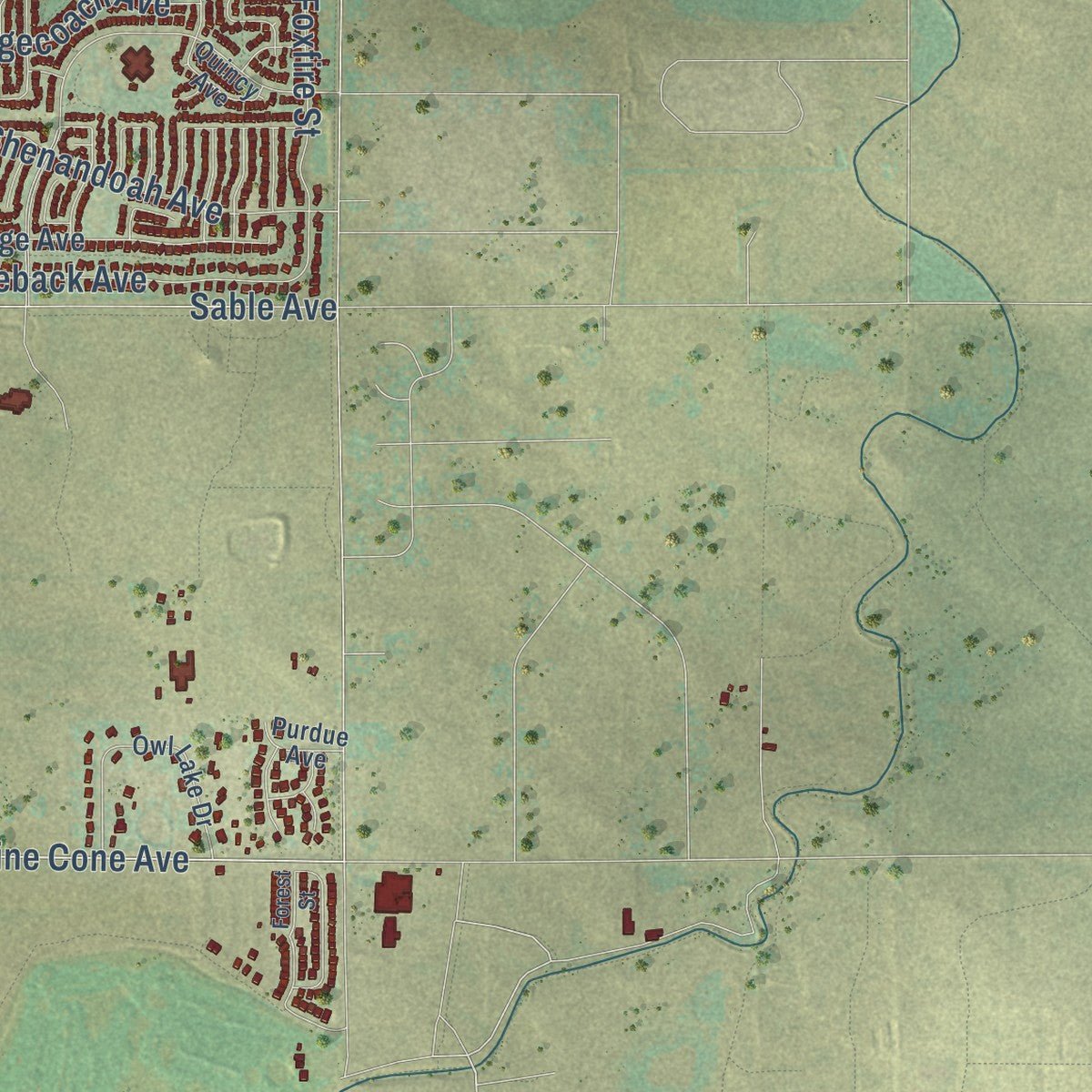 Second close-up of the map of Firestone, Colorado print showing more streets and buildings