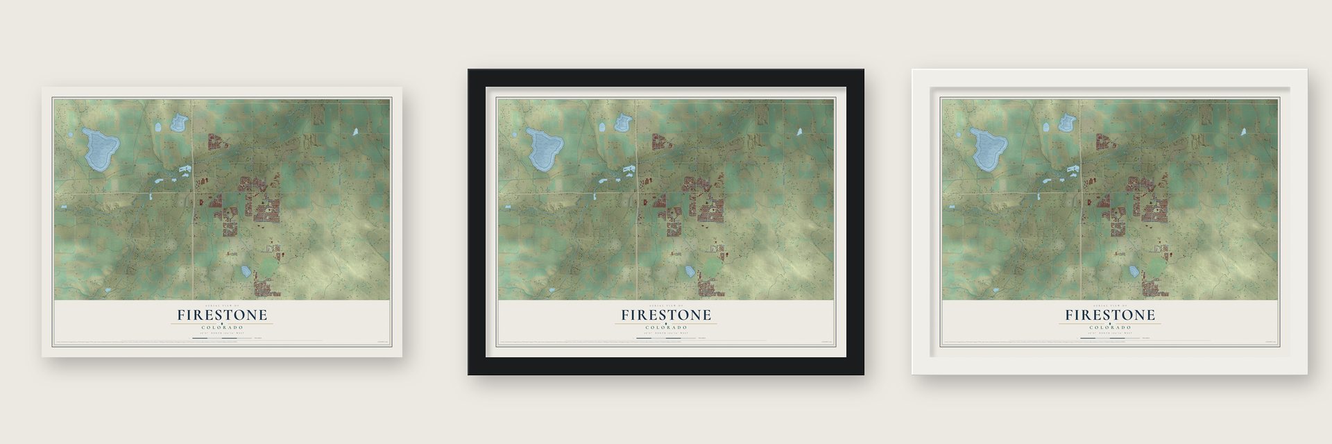 Firestone, Colorado map unframed, in a black wood frame and in a white wood frame