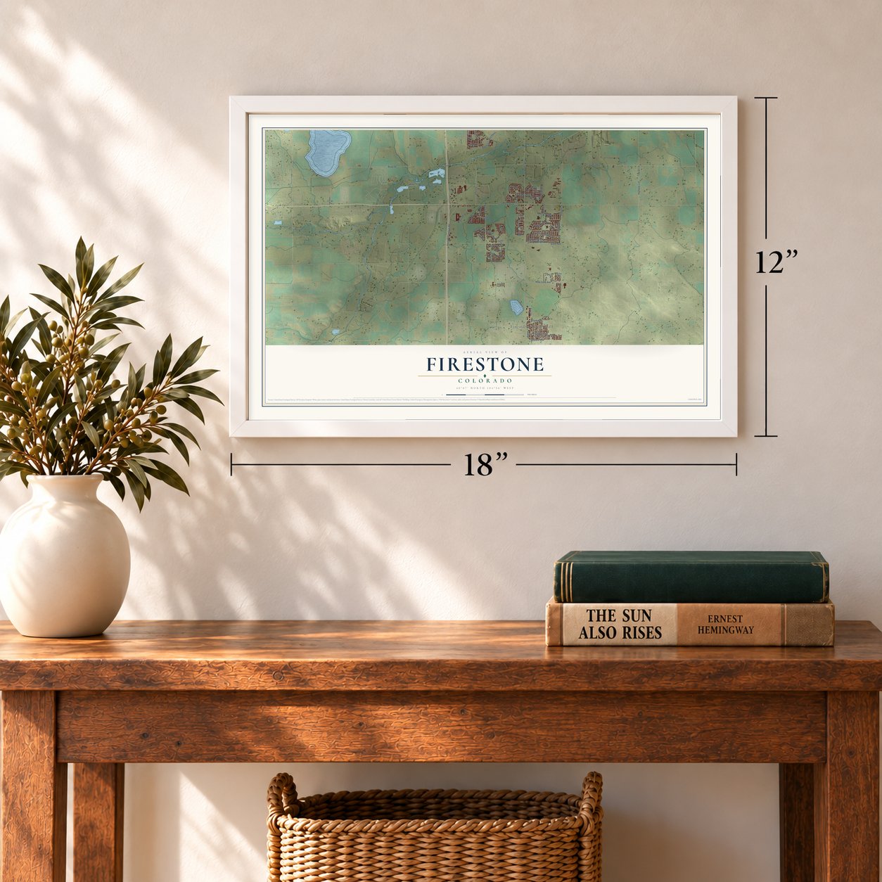 Firestone, Colorado map, 12 x 18 inch print in a white frame in an entryway