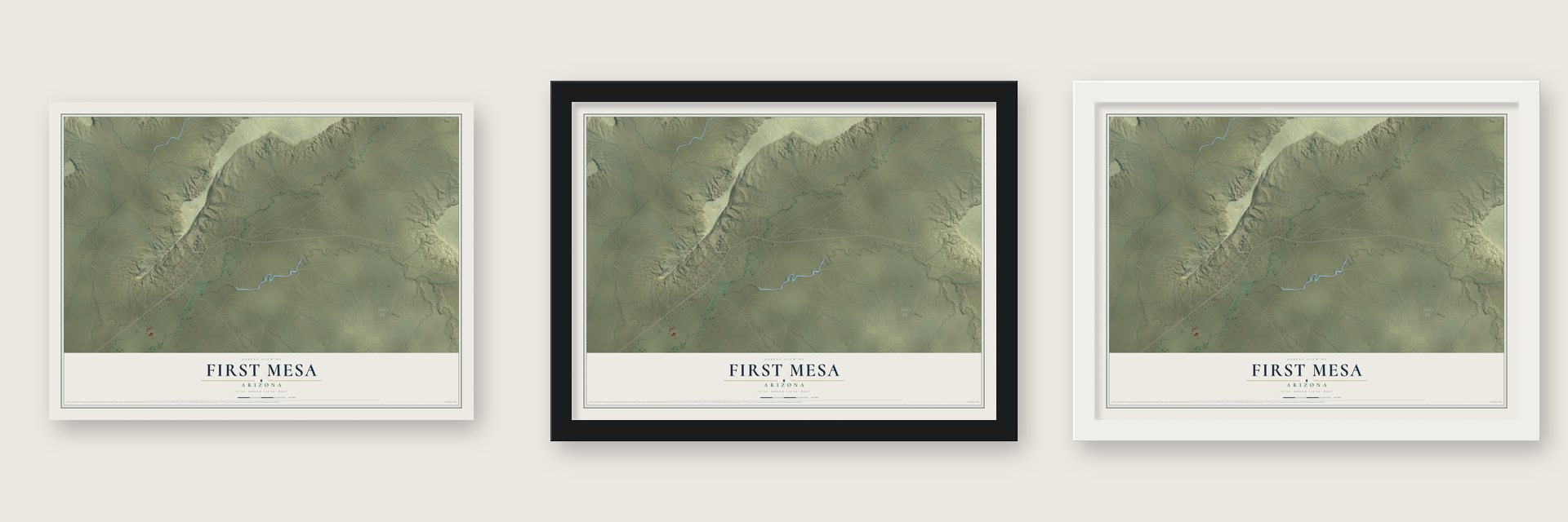 First Mesa, Arizona map unframed, in a black wood frame and in a white wood frame