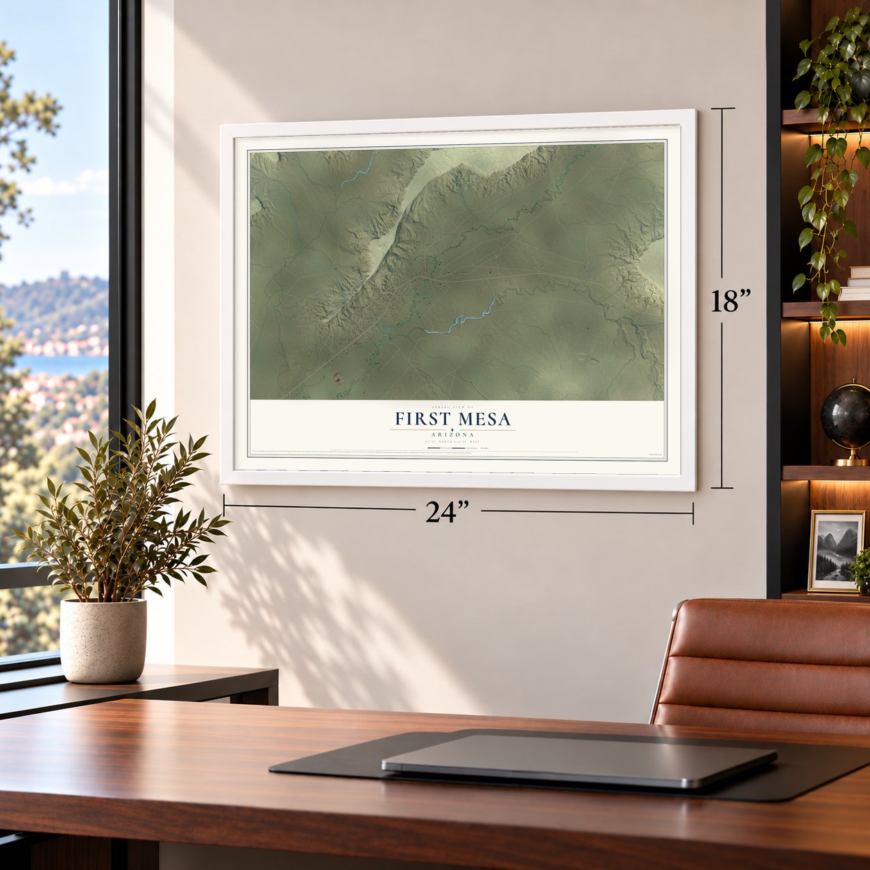 First Mesa, Arizona map, 18 x 24 inch print in a white frame in a home office