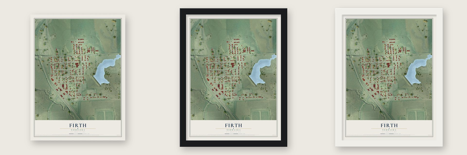 Firth, Nebraska map unframed, in a black wood frame and in a white wood frame