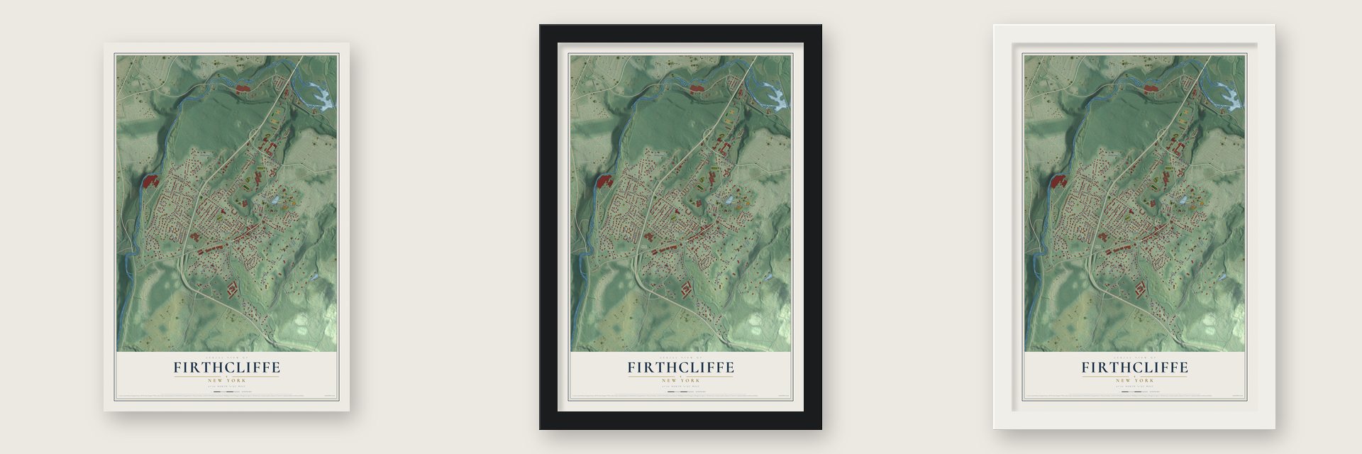 Firthcliffe, New York map unframed, in a black wood frame and in a white wood frame