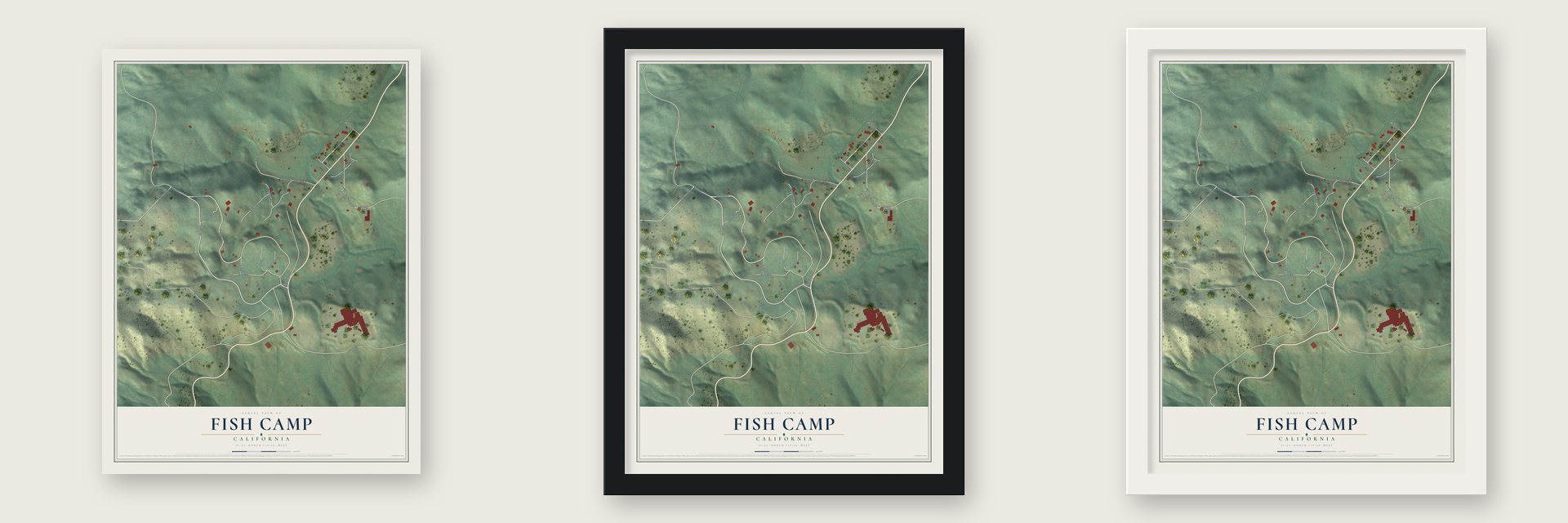 Fish Camp, California map unframed, in a black wood frame and in a white wood frame