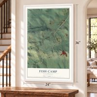Fish Camp, California map, 24 x 36 inch print in a white frame by a staircase