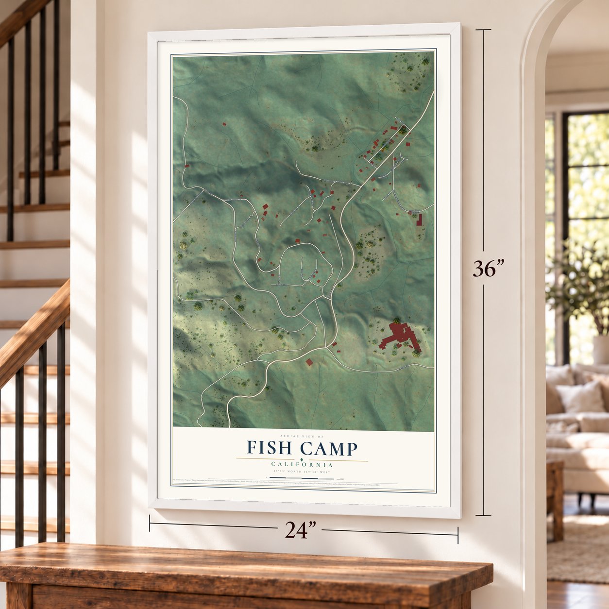 Fish Camp, California map, 24 x 36 inch print in a white frame by a staircase