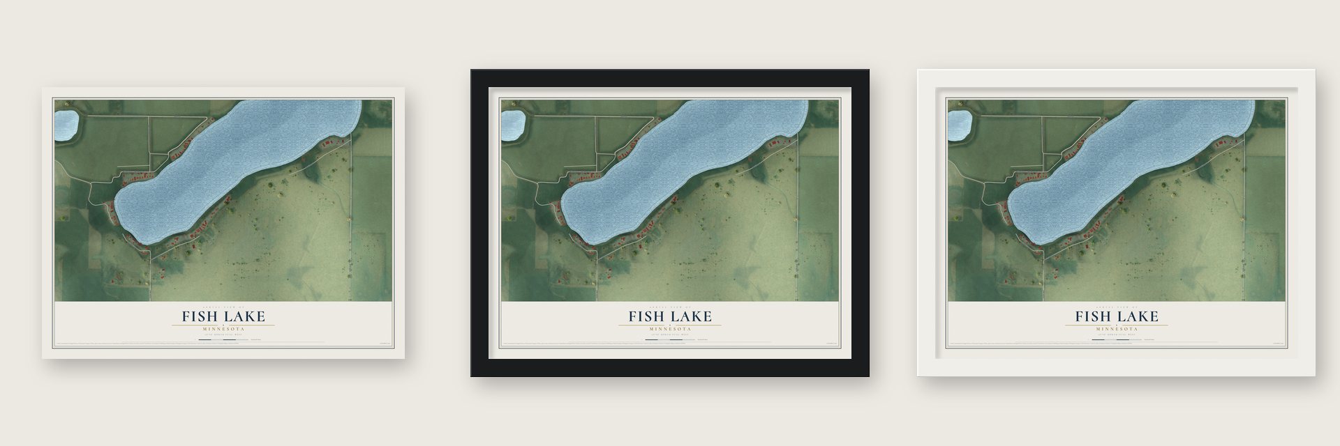 Fish Lake, Minnesota map unframed, in a black wood frame and in a white wood frame
