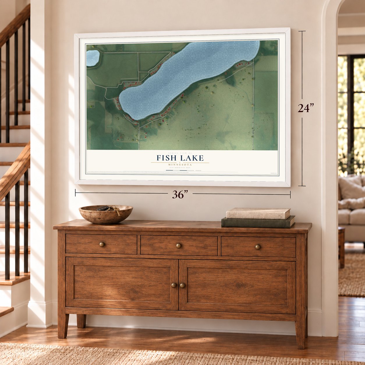 Fish Lake, Minnesota map, 24 x 36 inch print in a white frame above a dresser by a staircase