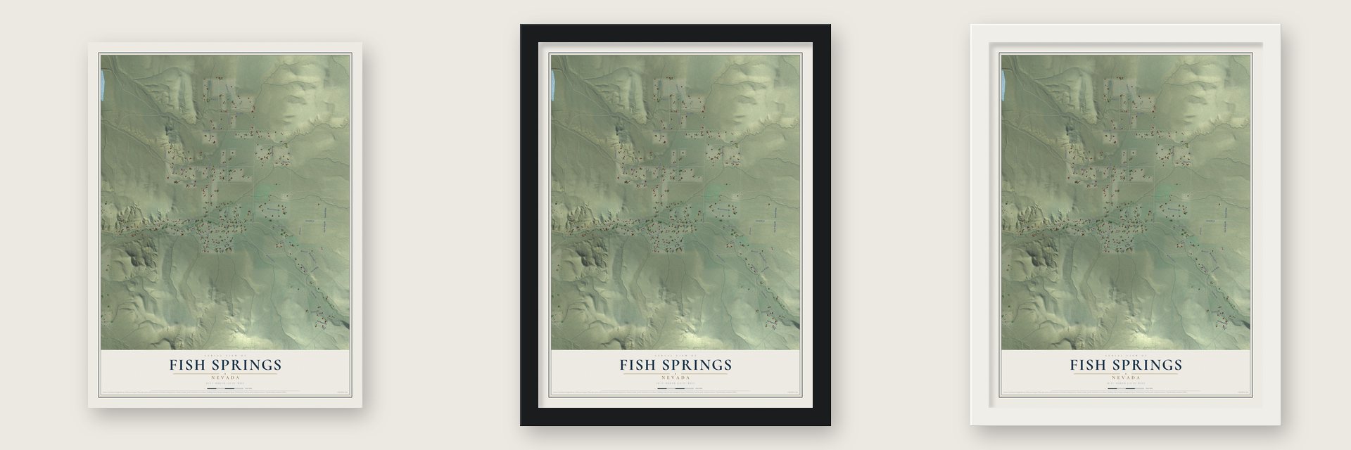 Fish Springs, Nevada map unframed, in a black wood frame and in a white wood frame