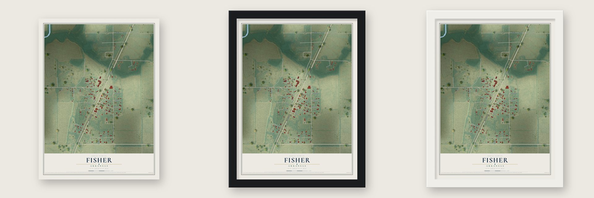 Fisher, Arkansas map unframed, in a black wood frame and in a white wood frame
