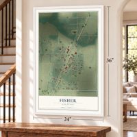 Fisher, Arkansas map, 24 x 36 inch print in a white frame by a staircase
