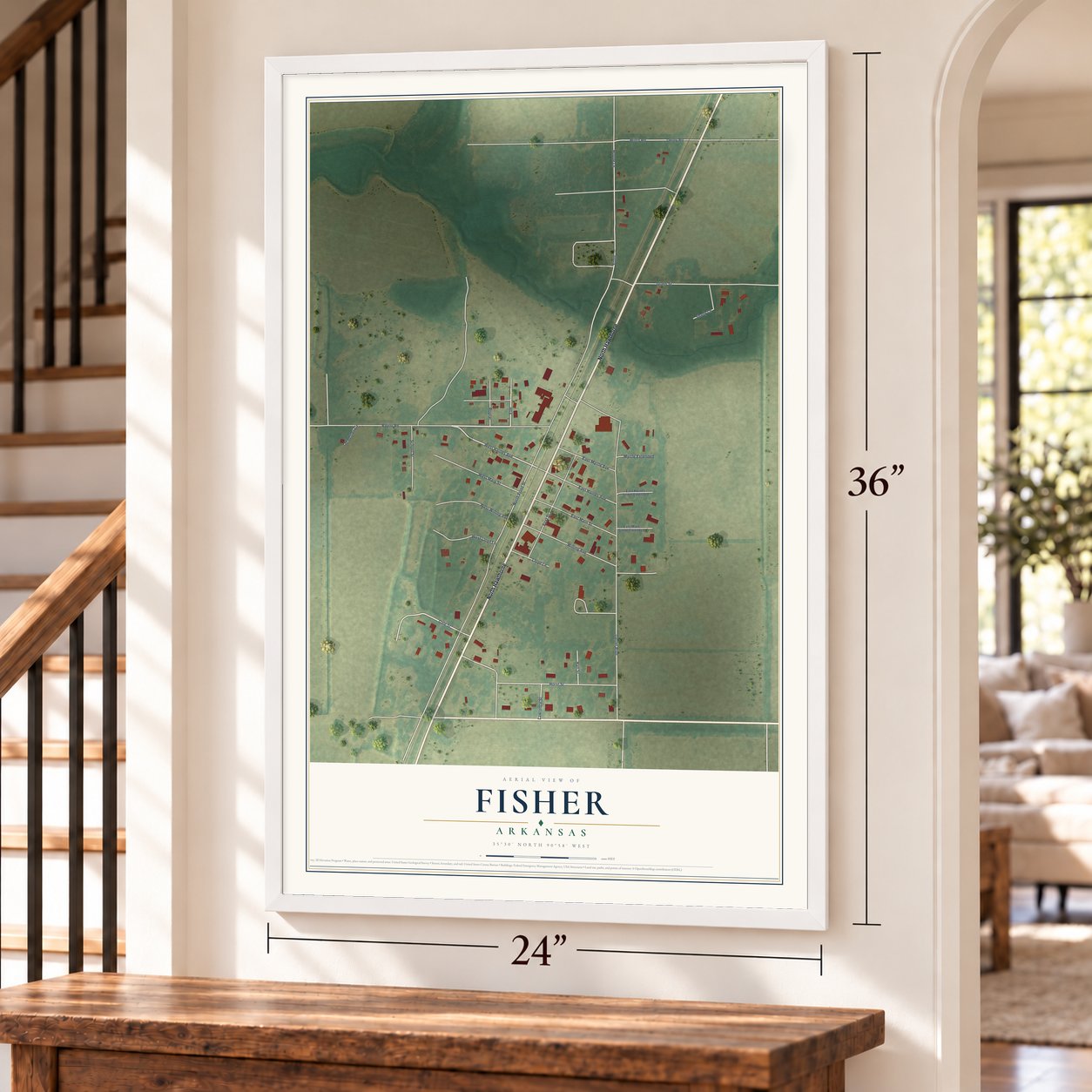 Fisher, Arkansas map, 24 x 36 inch print in a white frame by a staircase