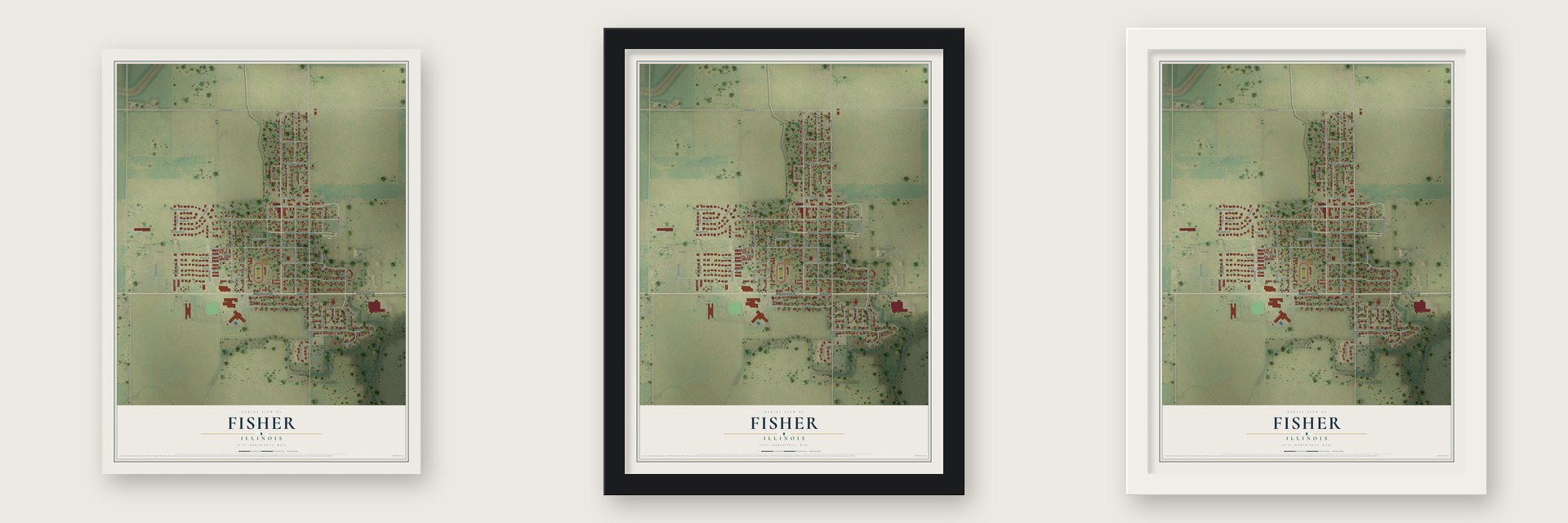 Fisher, Illinois map unframed, in a black wood frame and in a white wood frame