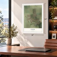 Fisher, Illinois map, 18 x 24 inch print in a white frame in a home office