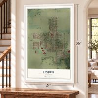 Fisher, Illinois map, 24 x 36 inch print in a white frame by a staircase