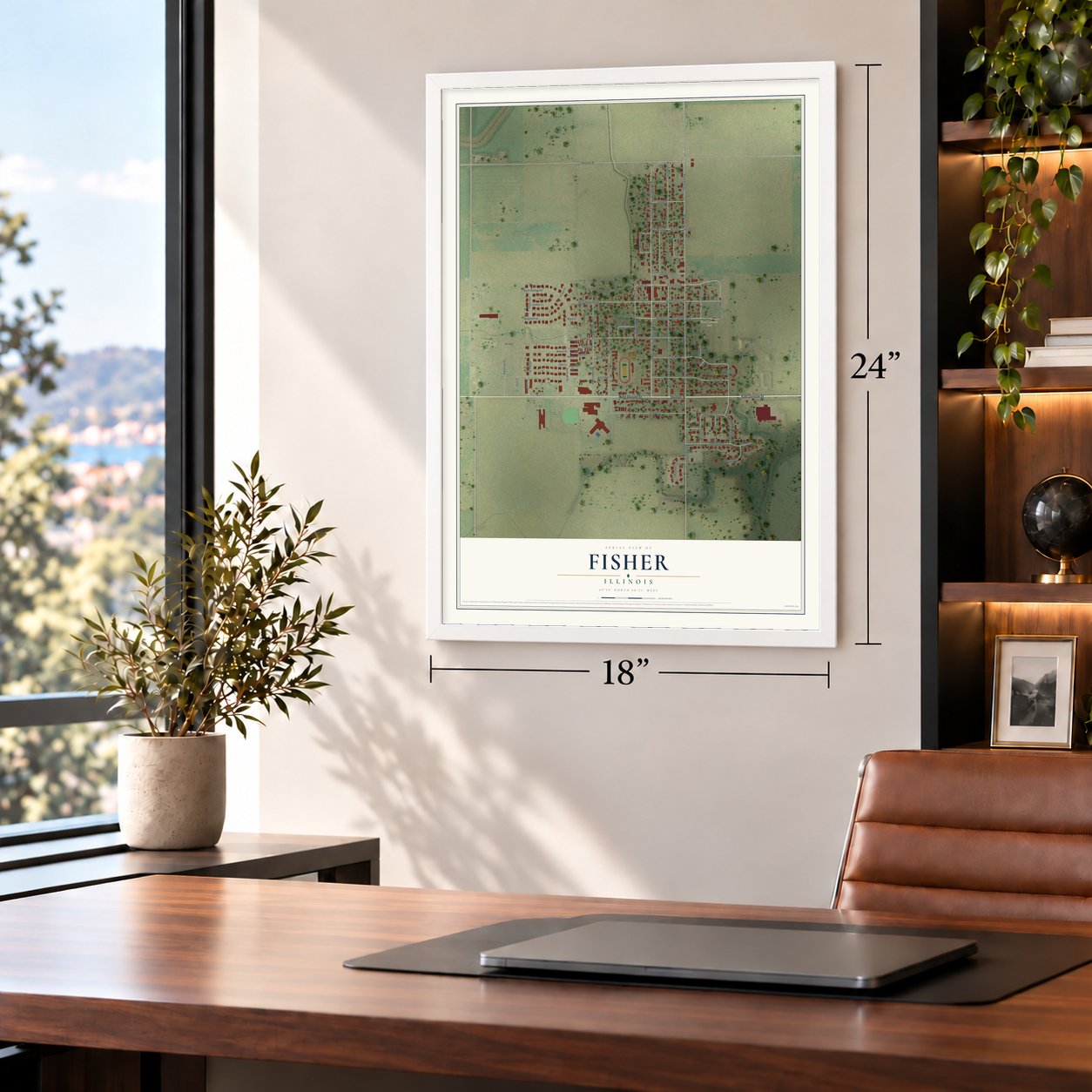 Fisher, Illinois map, 18 x 24 inch print in a white frame in a home office