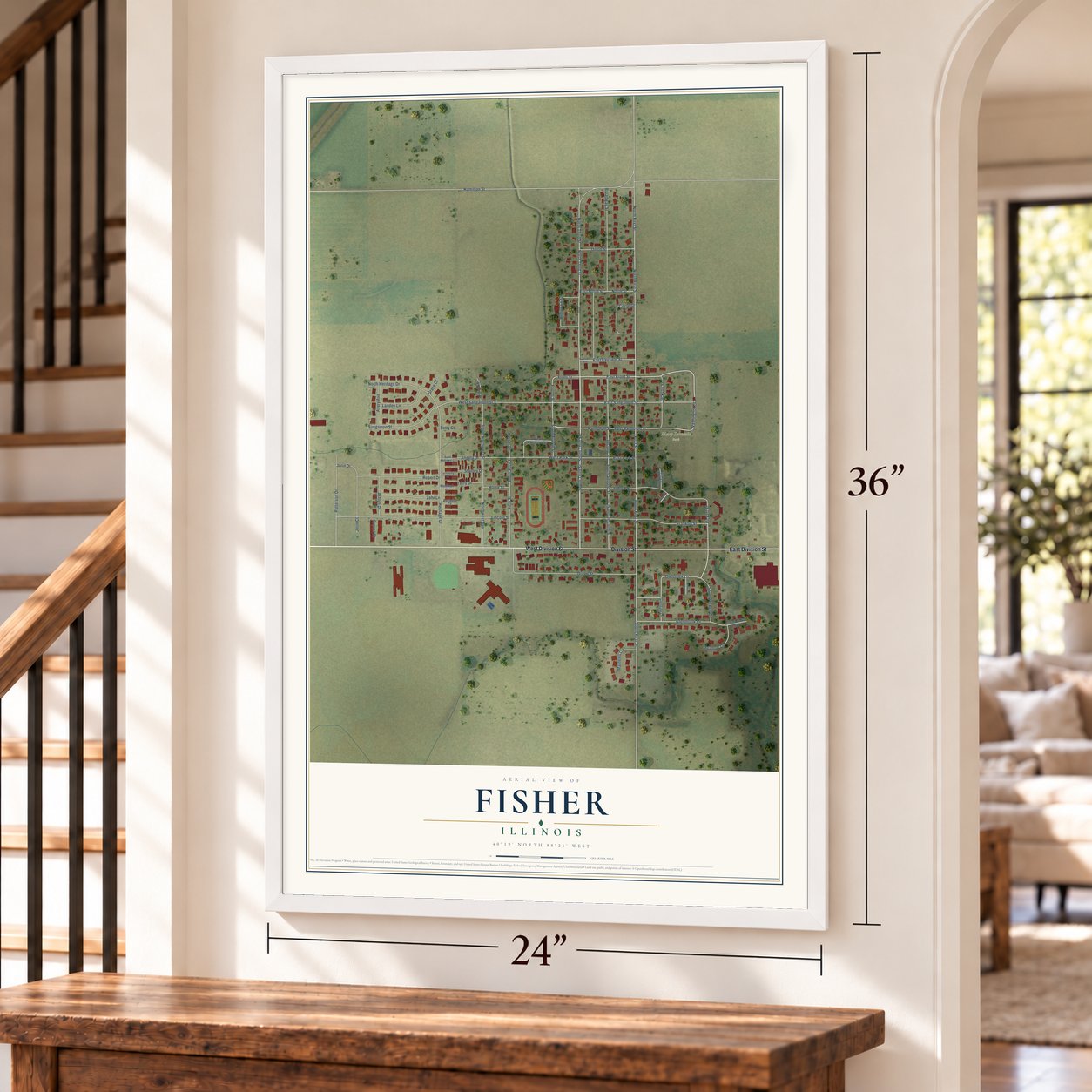 Fisher, Illinois map, 24 x 36 inch print in a white frame by a staircase