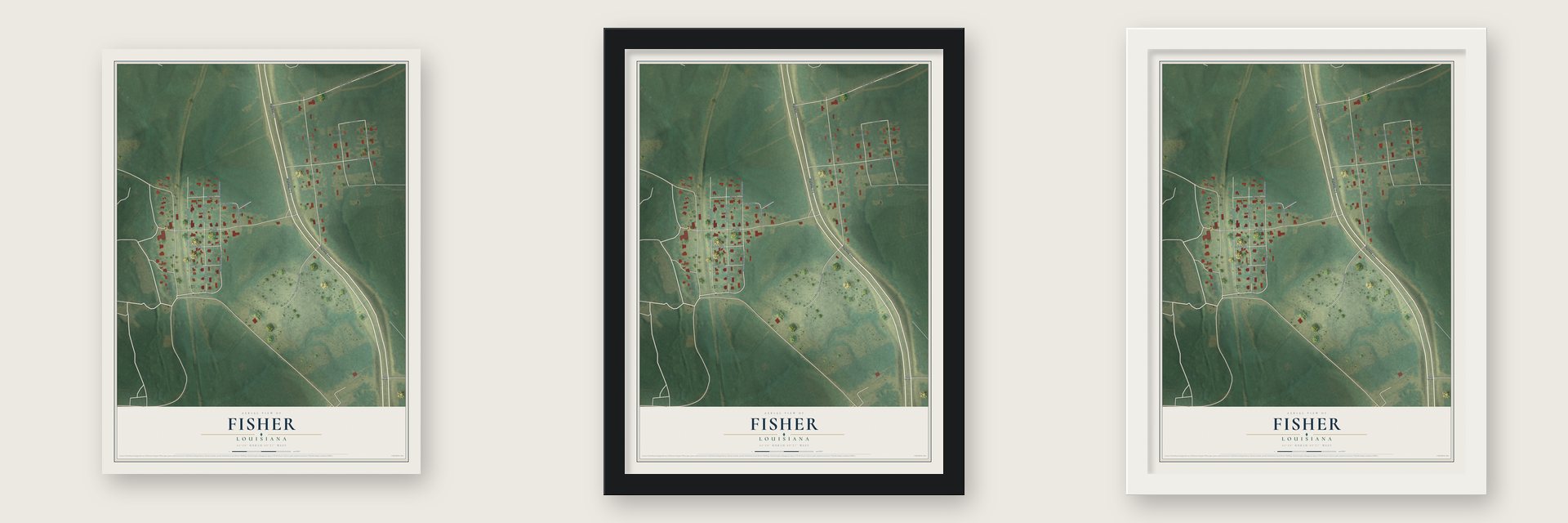 Fisher, Louisiana map unframed, in a black wood frame and in a white wood frame