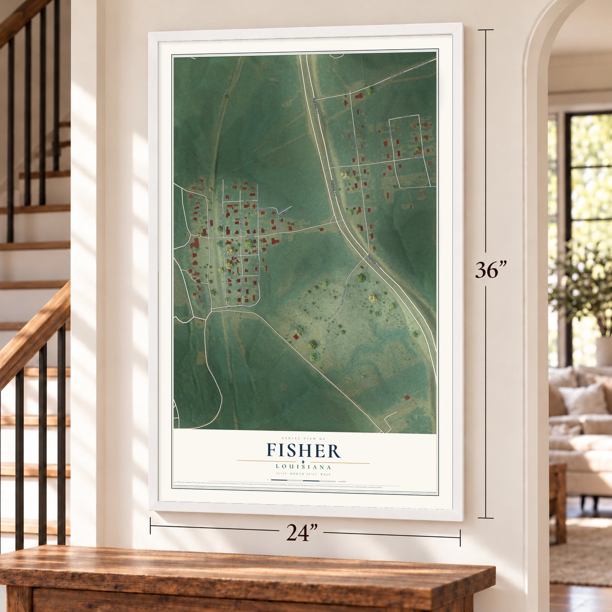 Fisher, Louisiana map, 24 x 36 inch print in a white frame by a staircase