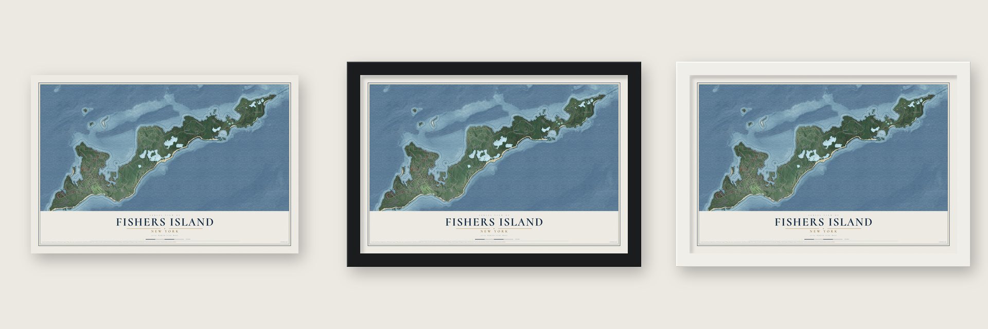 Fishers Island, New York map unframed, in a black wood frame and in a white wood frame