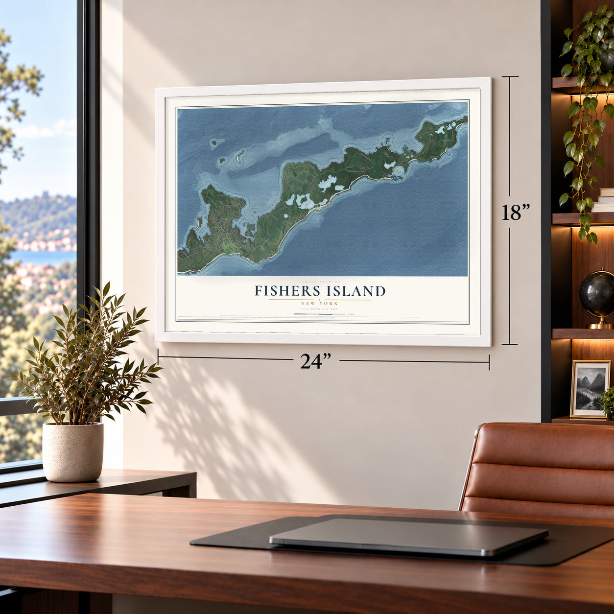 Fishers Island, New York map, 18 x 24 inch print in a white frame in a home office