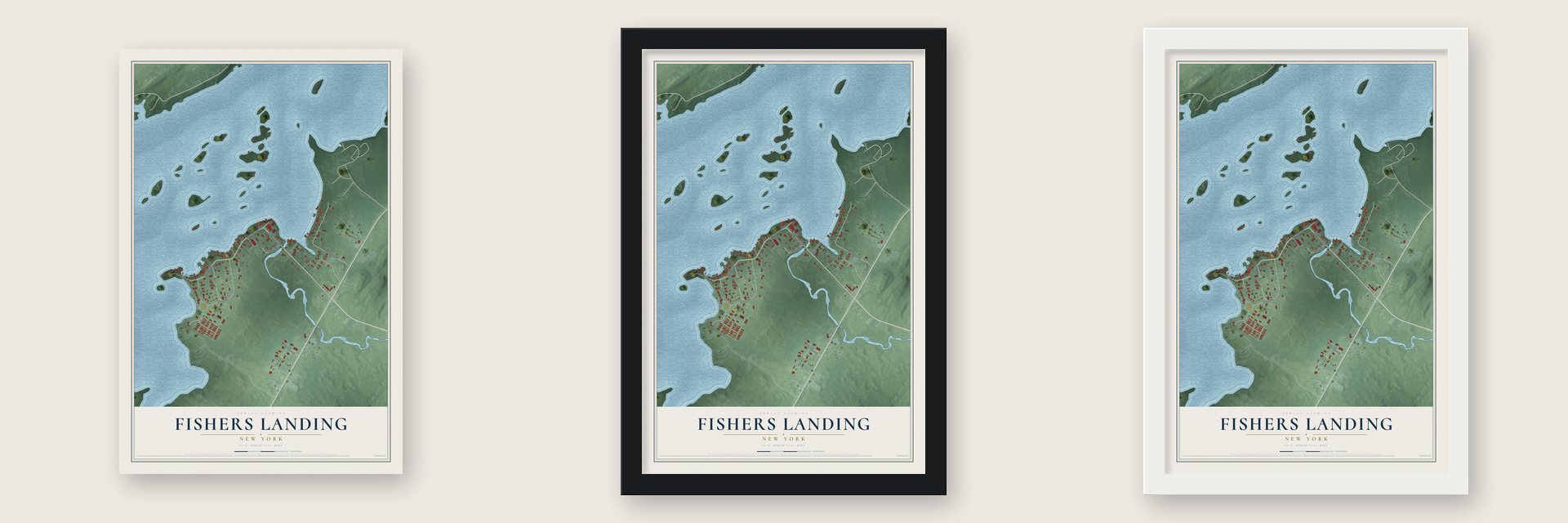 Fishers Landing, New York map unframed, in a black wood frame and in a white wood frame