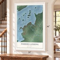 Fishers Landing, New York map, 24 x 36 inch print in a white frame by a staircase