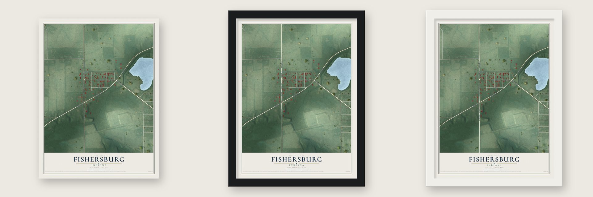 Fishersburg, Indiana map unframed, in a black wood frame and in a white wood frame