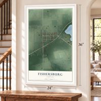 Fishersburg, Indiana map, 24 x 36 inch print in a white frame by a staircase