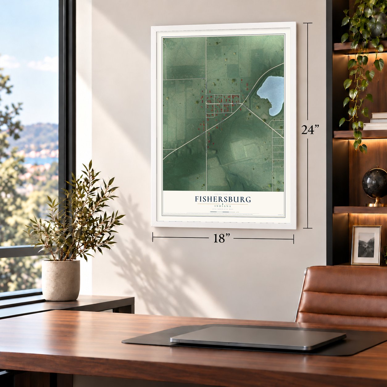 Fishersburg, Indiana map, 18 x 24 inch print in a white frame in a home office